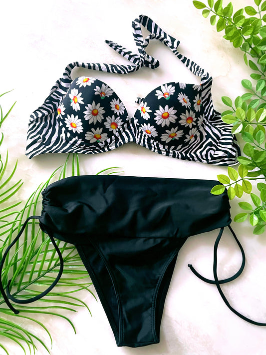 Black Daisy Bikini Set