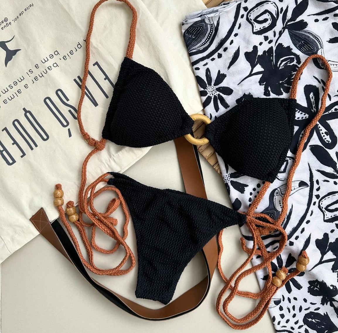 Bikini Bottom Bow Carmel Black & Brown